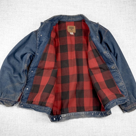 Vintage GAP Flannel Lined Denim Trucker Jacket Buffalo Plaid 90s Workwear M - Picture 7 of 12